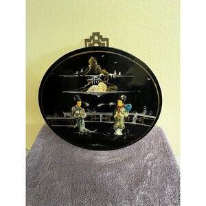 VTG Asian Art  Wood Black Lacquer Round Plaque 14" Unbranded - Two Plaques